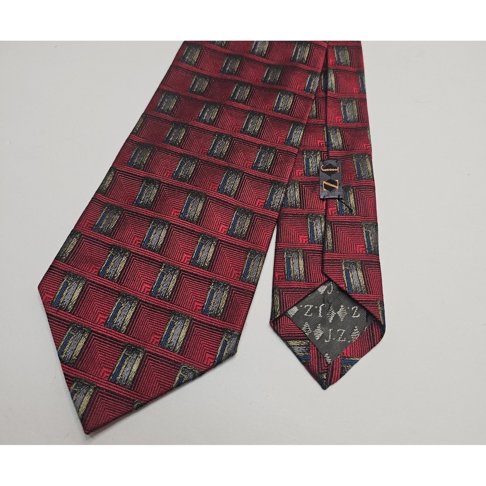 JZ Richards Double Black Neck Tie Red Geometric Geo Silk Made In USA‎